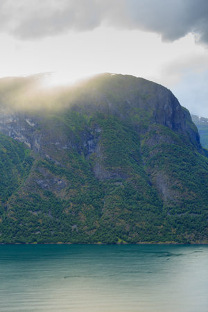 Tourism and travel. Scenic nature landscape. View to picturesque Aurlandfjord and Sognefjord from...