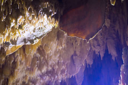 Impressive formations of the stalactites and stalagmites in Dirou Cave. Greek destination .Natural beauty. Mani, Laconia, Greeceの写真素材