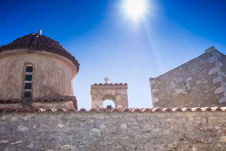 Detail of architecture stone church in Vathia old town, Mani Peloponnese Greece. Architectural...