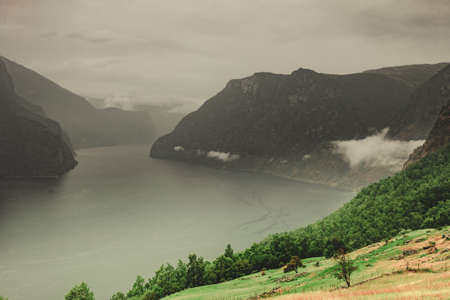 Aurlandsfjord fjord landscape, Norway Scandinavia. National tourist route Aurlandsfjellet.の写真素材
