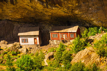 The Helleren houses in Jossingfjord along road 44 between Egersund and Flekkefjord, Sokndal municipality, Norway. Tourist attraction.のeditorial素材