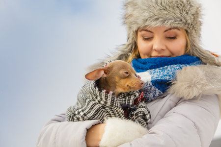 Young woman wrapped her best friend little dog in warm blanket scarf to warm him in cold winter day. Animal protection save. Adoption concept