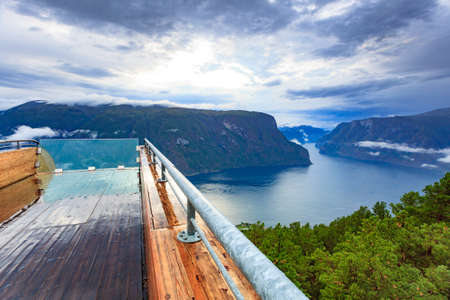 Aurlandsfjord landscape from Stegastein viewing point. Norway Scandinavia. National tourist route Aurlandsfjellet.の写真素材