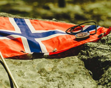 Compass on norwegian flag. Travel, tourism and exploration.の写真素材