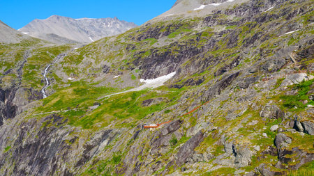 View of scenic mountains from Trollstigen viewpoint in Norway Europe, popular tourist attraction.
