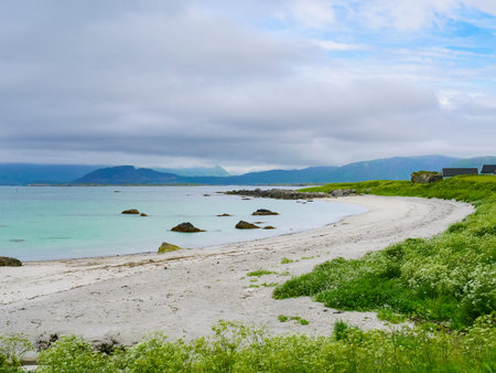 Seascape with sandy beach. Lofoten archipelago Northern Norway, Europe.