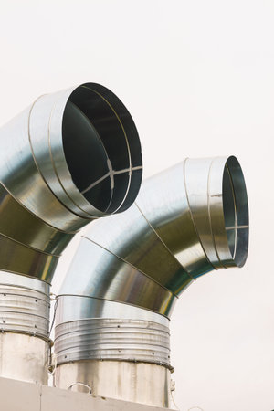 Close up of metal pipe, gutter, ventilator, car exhaust. Machine agricultural details concept.