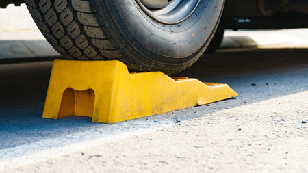 Camper leveling yellow block in use. Leveler ramp chock blocks for rv travel trailer. Accessories...