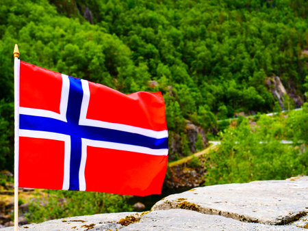 Norwegian flag waving outdoor on green nature