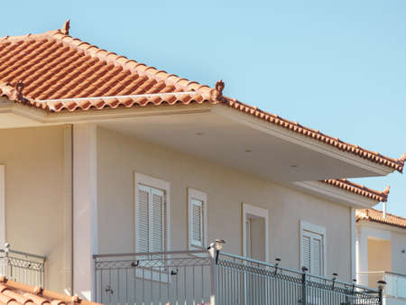 Greek, Mediterranean architecture. Houses in a seaside resort in Greece. Beige colored homes.の写真素材
