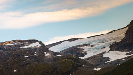 Tourism vacation and travel. View on mountains landscape with glacier, Norway.の写真素材