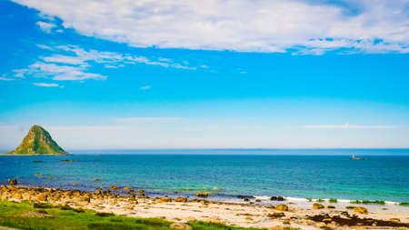 Seascape, sea coast and island Bleiksoya in the distance, resort Bleik Andoya Norway. Vesteralen archipelago.の写真素材