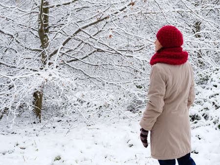 Adult woman walking in winter forest. Snowy nature landscape. Activity relax on fresh air concept.の写真素材