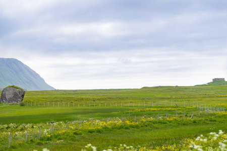 The Eggum site with the old WW2 radar installation known as "The Fort" seen from the distance. Vestvagoy island in Lofoten Norway. Travel destination.の写真素材