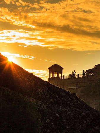 Scenic sunset evening sky over holy Varlaam monastery on cliff in Meteora, Thessaly Greece. Greek destinationsの写真素材