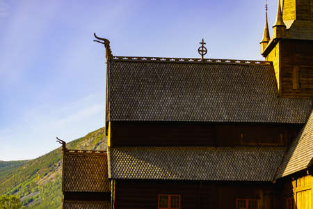 LOM, NORWAY - JULY 7, 2018: Old wooden traditional stave church built second part of 12th century, Oppland county, Norway.のeditorial素材