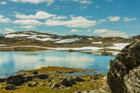 SOGNEFJELLET, NORWAY - JULY 7, 2018: The Norwegian Scenic Routes trademark logo sign at Sognefjellet tourist route, the highest mountain road in Northern Europeのeditorial素材
