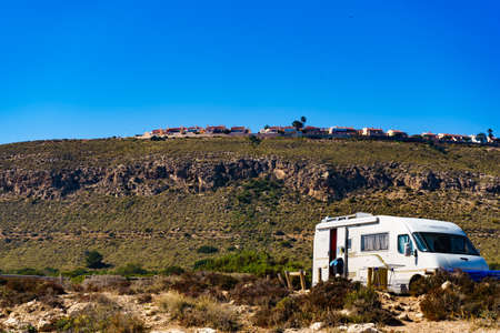 SANTA POLA, SPAIN - FEBRUARY 25, 2019: Camper on mediterranean coast of seaside spanish Santa Pola city on Costa Blancaのeditorial素材