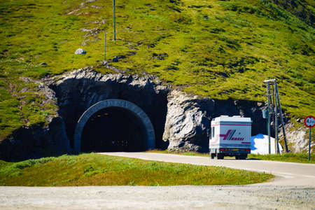 VIKAFJELLET, NORWAY - JULY 5, 2018: Clou Liner caravan on road with tunnel in Vikafjellet between Vinje - Vik in Stolsheimen mountains area western Norway.のeditorial素材