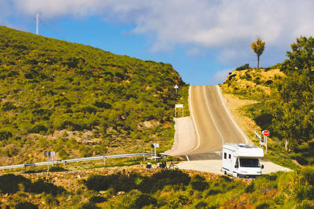 Caravan rv at viewpoint La Amatista in Cabo de Gata Natural Park, provincia Almeria, Andalusia Spain.の写真素材