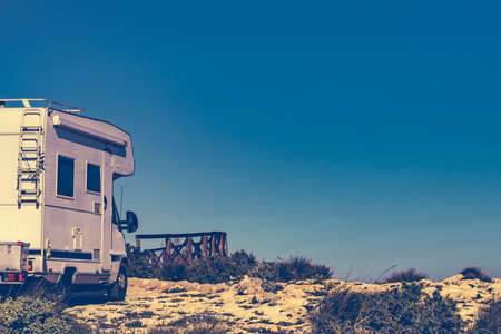 Camper vehicle wild camping on nature, Cabo de Gata Nijar Natural Park in Almeria province, Andalusia Spain.の写真素材