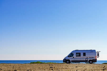 Mojacar Spain - January 5, 2020: Camper van Possl brand on mediterranean coast of seaside spanish Mojacar town in Andalusia.のeditorial素材