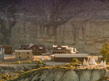 Tabernas Desert, Almeria, Spain - January 9, 2020: Western Leone village, movie location set for spaghetti western in desert. View from distance.のeditorial素材