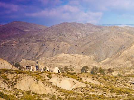 Tabernas Desert, Almeria, Spain - January 9, 2020: Western Leone village, movie location set for spaghetti western in desert. View from distance.のeditorial素材