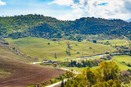 Spanish nature landscape with blooming trees on green hills. Ardales Reservoir, Malaga Andalusia, Spainの写真素材