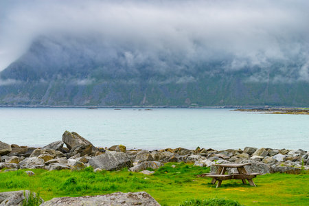 Sea coast on Flakstadoy in summer. Nordland county, Lofoten archipelago Norway. Tourist attraction.の写真素材