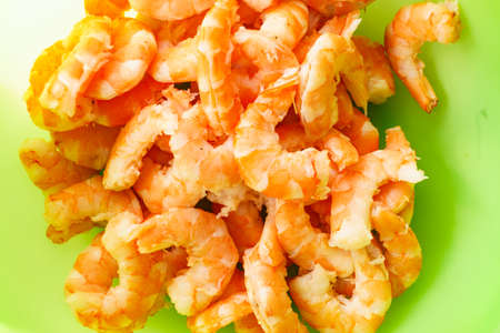 Raw prawn of shrimp meat peeled off without shells skin. Seafood, ocean food.の写真素材