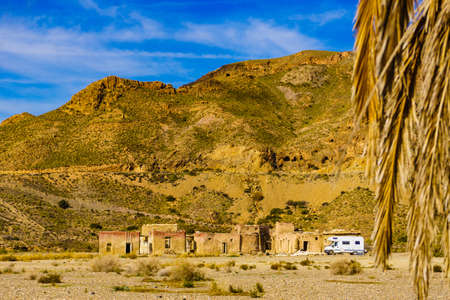 Caravan camping at movie location El Chorrillo in Sierra Alhamilla mountains, Spain. Tourist attractionの写真素材