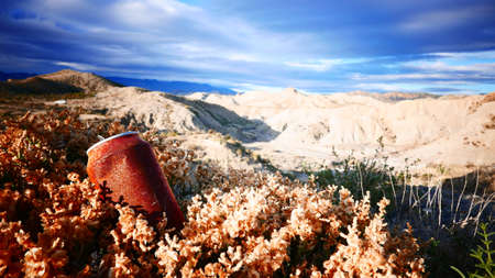 Old rusty can abandoned on nature. Environmental pollution global ecological problem. Earth ecology concept.の写真素材