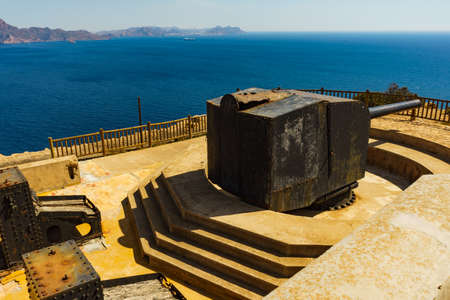 Battery Castillitos by coast of mediterranean sea. Tourist place near city Cartagena Murcia region, Spain. Defence fortification. Historical landmark.の写真素材