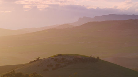 Spanish nature landscape. Green hills, countryside surrounding lake Embalse del Guadalhorce, Ardales...