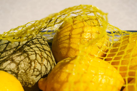 Healthy and green moldy lemon citrus fruits. Rotten fungi food.
