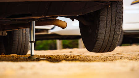 Camper leveling support hydraulic steady leg in use. Caravaning and accessories for motorhome.の写真素材