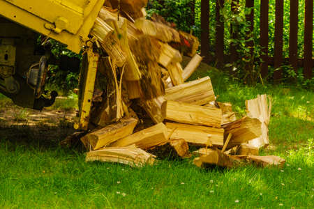 Truck is unloading firewood, throwing out wood logs. Preparation for winter.の写真素材
