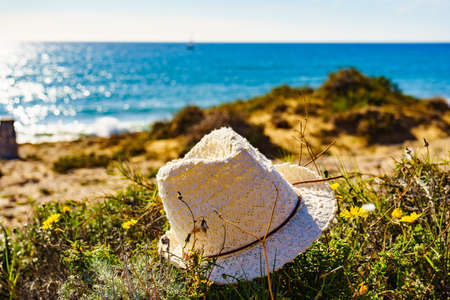 Summer hat on mediterranean sea coast in Spain. Hiking, camping, active lifestyle.の写真素材