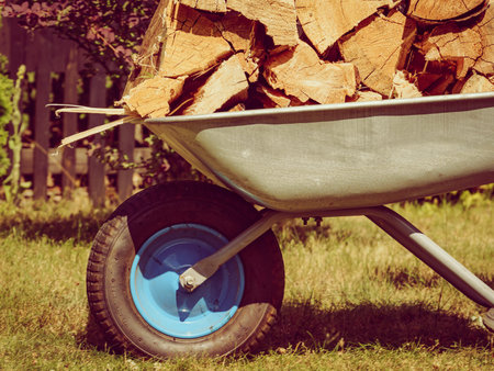 Stack of chopped firewood outside and wheelbarrow. Preparation for winter.