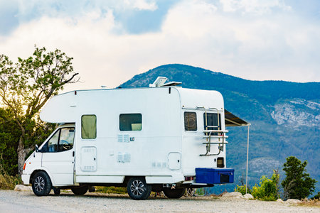 Caravan rv on nature. Verdon Gorge France. Motor home camping car driving through mountain...