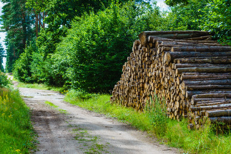 Timber logging in forest. Freshly cut tree wooden logs piled up. Wood storage for industry.の写真素材