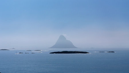 Seascape, sea coast and island Bleiksoya in the distance. View from Kleivodden rest stop area...