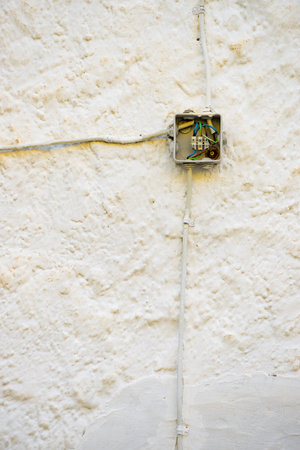Electric box outdoors on white building wall.
