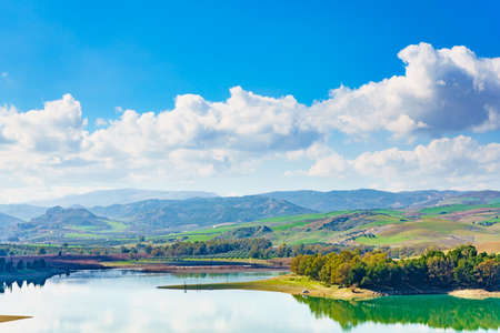 Spanish nature landscape. Embalse del Guadalhorce and surrounding countryside. Ardales Reservoir, Malaga Andalusia, Spainの写真素材