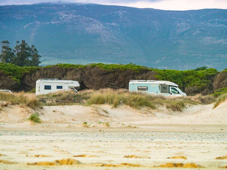 Caravan camping on sea coast. Mediterranean region of Costa del Sol, Spain.の写真素材