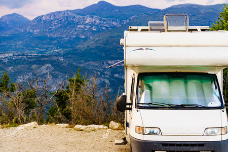 Caravan rv on nature. Verdon Gorge France. Motor home camping car driving through mountain landscape. Adventure with camper vehicle..の写真素材
