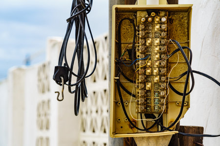 Cable power cords in tangled mess on building wall outdoorの写真素材