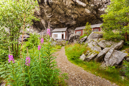 The Helleren houses in Jossingfjord along road 44 between Egersund and Flekkefjord, Sokndal municipality, Norway.の写真素材