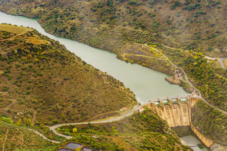 Mountain landscape and Douro river with spanish Saucelle Dam. Border between Portugal and Spain. national park. View from portuguese Penedo Durao lookout.の写真素材